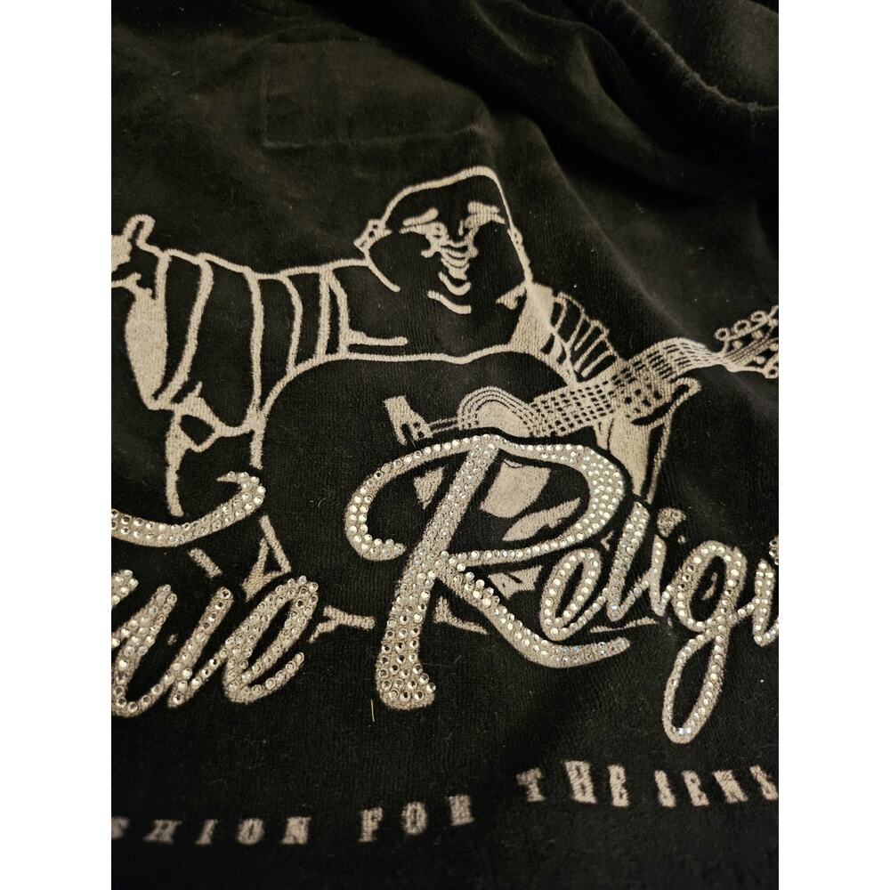 Y2K True Religion Hoodie Womens Black Velour Graphic Rhinestones Zip Ladies Xs - Picture 4 of 7